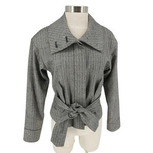 Club Monaco Jacket Wool Gray Herringbone Long Sleeve High Neck Tie Waist